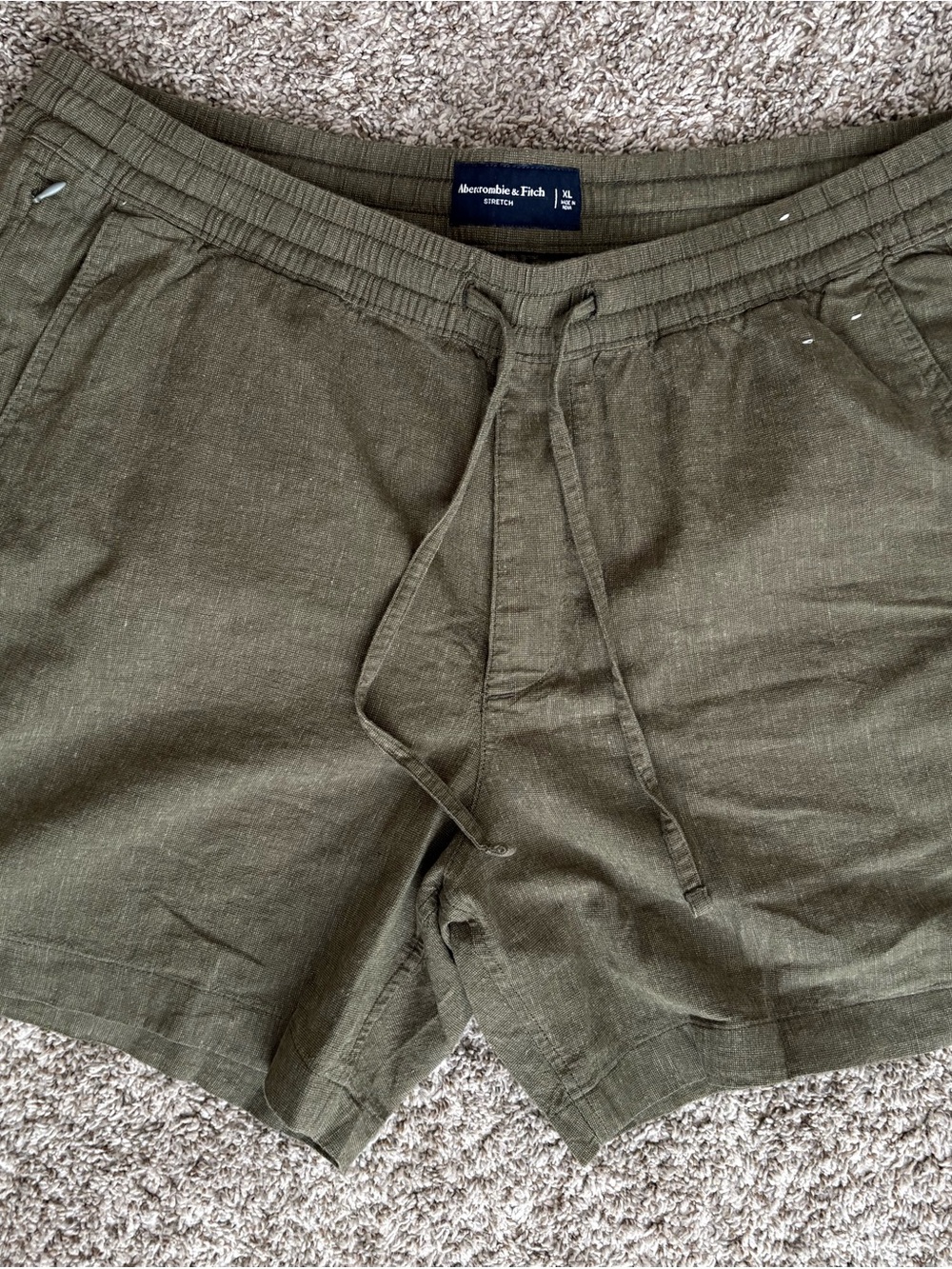 Abercrombie & Fitch Men's Olive Green Linen-Blend Drawstring Shorts